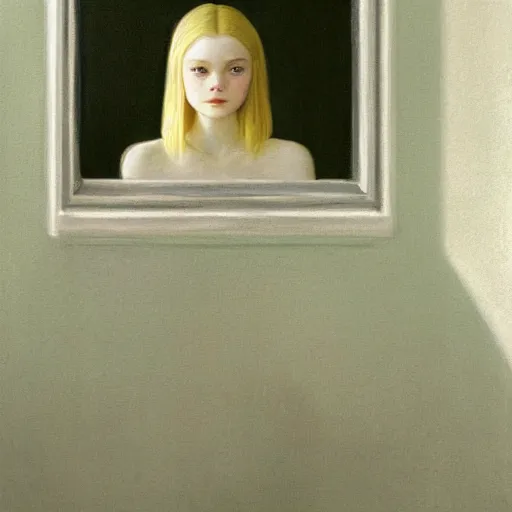 Prompt: Painting of Elle Fanning in Silent Hill, long blonde hair, delicate, pale milky white porcelain skin, by Edward Hopper. 8K. Extremely detailed.