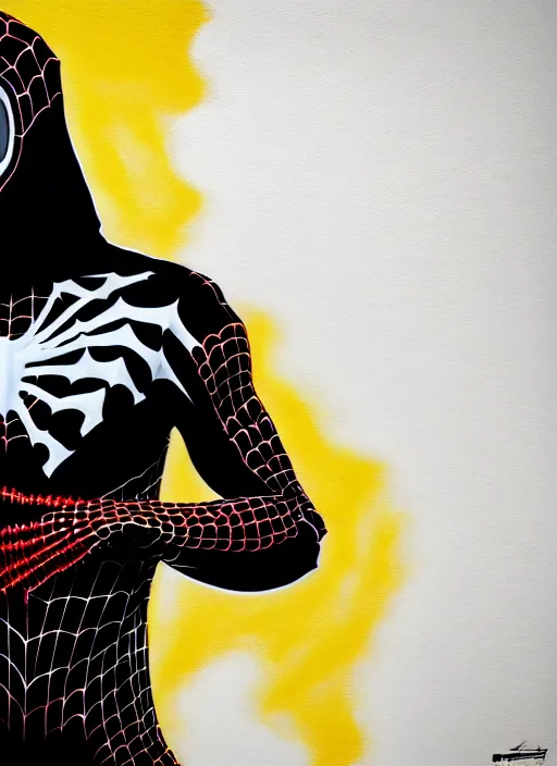 Image similar to highly detailed closeup portrait of a cyborg venom symbiote in spiderman suit with skeleton skull face, black hoodie by atey ghailan, by greg rutkowski, by greg tocchini, by james gilleard, by joe fenton, by kaethe butcher, gradient, yellow, black, brown and white color scheme, grunge aesthetic!!! white graffiti tag wall background