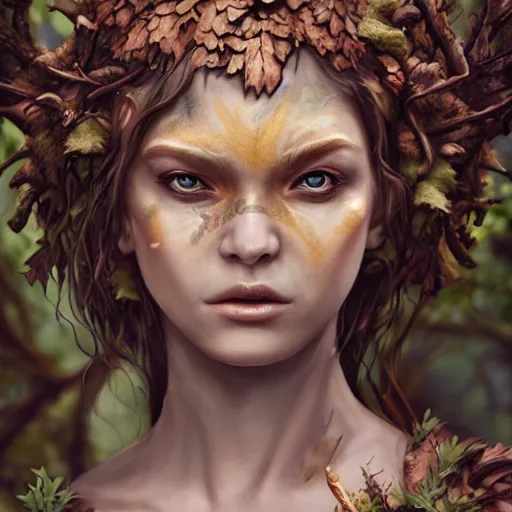 Prompt: high definition digital fantasy character art, hyper realistic face, hyperrealism, elemental guardian of life, forest dryad, woody foliage, woody skin, 8 k dop dof hdr fantasy character art, by aleski briclot and alexander'hollllow'fedosav and laura zalenga