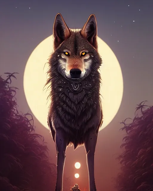 Image similar to highly detailed surreal vfx portrait of a samurai wolf in front of a full moon, stephen bliss, unreal engine, greg rutkowski, loish, rhads, beeple, makoto shinkai and lois van baarle, ilya kuvshinov, rossdraws, tom bagshaw, alphonse mucha, global illumination, detailed and intricate environment