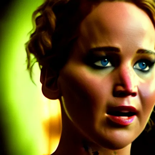 Image similar to cinematic jennifer lawrence as frankensteins monster, color photography, sharp detail, she is amused, still from the movie avengers, dirt on face