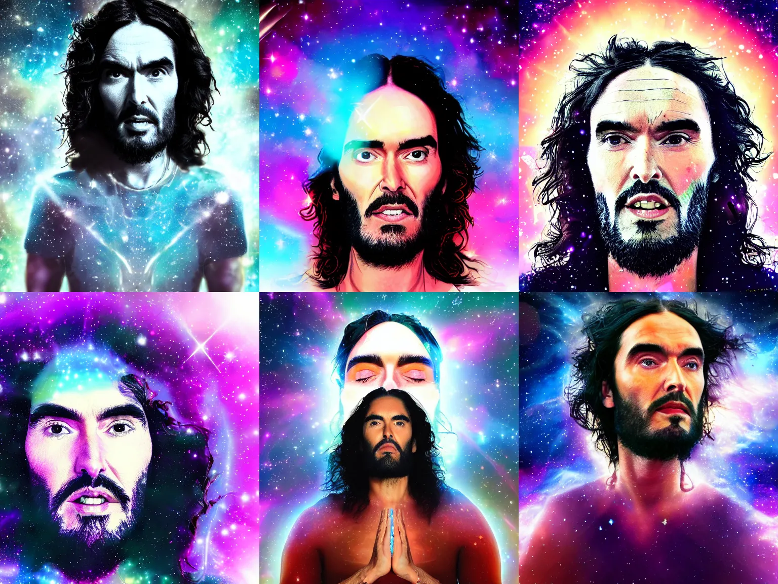 Prompt: close up of Russell Brand meditating in space, eyes closed, nebula background, digital art, 4k