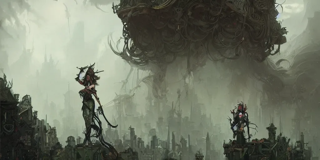 Prompt: a detailed illustration of a warrior woman against the background of an overgrown city and a cloudy sky, artstation, by Peter Mohrbacher, Art Nouveau, sophisticated, Unreal engine, dystopia, anti-utopia, post processing, nostalgic melancholic artwork, intricate