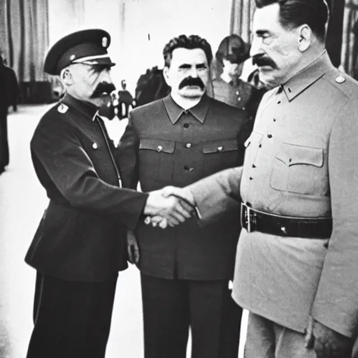 Prompt: color photo of stalin and trump shaking hands, award winning photo, 3 5 mm camera