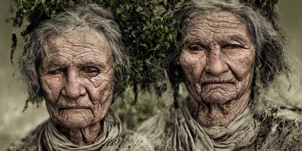 Prompt: old _ alpine _ female farmer _ head _ being _ overgrown _ by _ edelweiss _ dolomites _ dark _ eerie _ despair _ portrait _ photography _ artstation _ digital _ art _ adward _ winning