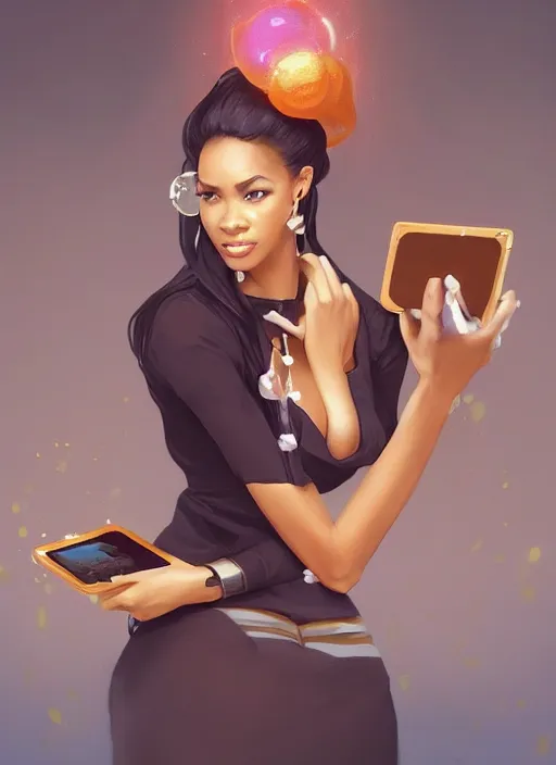 Image similar to detailed digital painting of beautiful black woman ceo, juggling cells phone manilla folders coffee fanart behance digital painting artstation, concept art, matte, sharp focus, illustration, corporate office atmosphere, hearthstone, art by artgerm and greg rutkowski and alphonse mucha