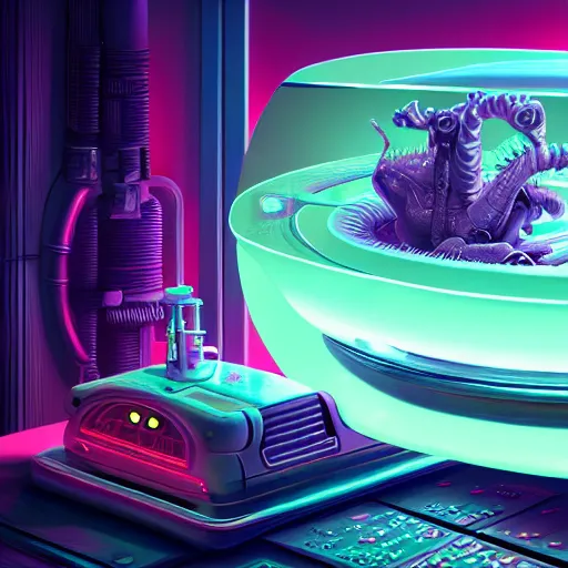 Image similar to ultradetailed still - life aspic on plate insanely detailed, octane render, cgsociety cyberpunk, neon, vaporwave sci - fi, futuristic, amazing space creature 4 k, 8 k, hyper realism scary, alluring, coveted alive