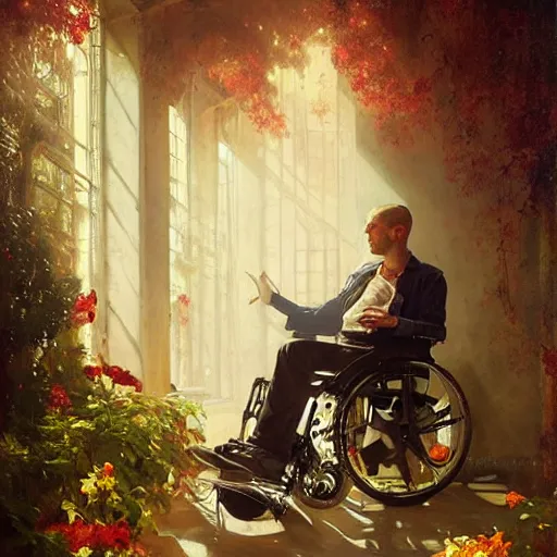 Prompt: handsome portrait of a wheelchair guy fitness posing, radiant light, caustics, war hero, one legged amputee, surrounded by hibiscus, by gaston bussiere, bayard wu, greg rutkowski, giger, maxim verehin