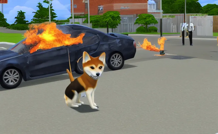 Prompt: a shiba inu watches a police car burn in the sims