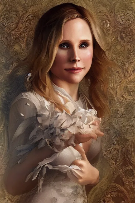 Image similar to beautiful Kristen Bell, intricate, elegant, highly detailed, digital painting, artstation, concept art, smooth, sharp, focus, illustration, art by artgerm and greg rutkowski and alphonse mucha