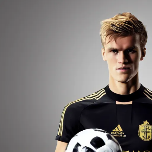 Image similar to a realistic detailed photo of a guy who is an attractive humanoid who is half robot and half humanoid, who is a male android, soccer player martin ødegaard, shiny skin, posing like a statue, blank stare, in a living room, on display, showing off his muscles