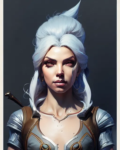 Image similar to ashe from overwatch, character portrait, concept art, intricate details, highly detailed by greg rutkowski, michael whelan and gustave dore