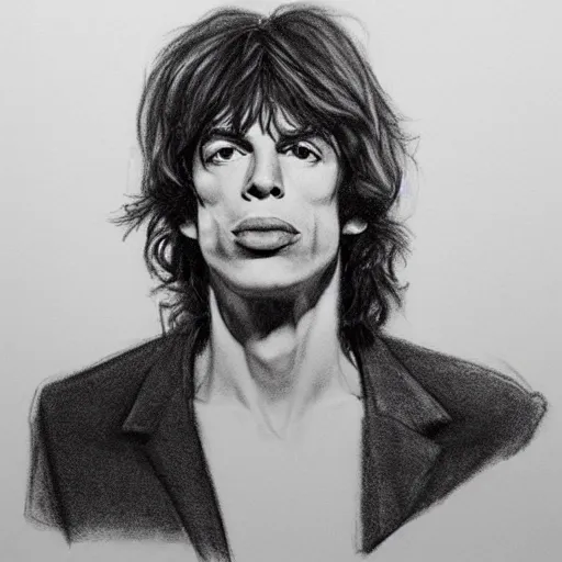 Prompt: rough sketch charcoal portrait of young mick jagger, angled with big straight strokes around, trending on instagram
