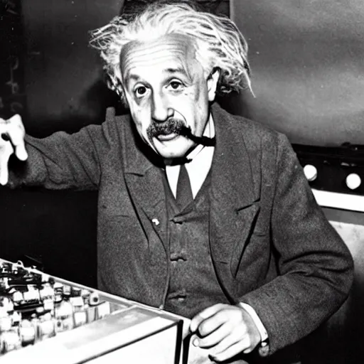 Image similar to photo of Albert Einstein DJing a record player at a nightclub, vintage, highly detailed facial features, at a nightclub