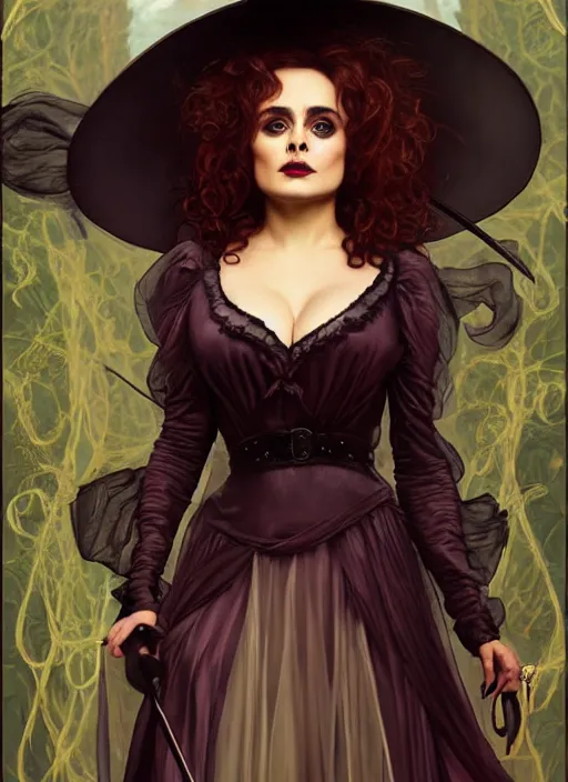 Image similar to portrait Helena Bonham Carter as a poison witch, full length shot, shining, 8k highly detailed, sharp focus, illustration, art by artgerm, mucha, bouguereau