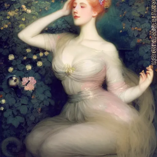 Image similar to blonde beautiful sleeping princess by Franz Xaver Winterhalter and Delphin Enjolras and Rebecca Guay