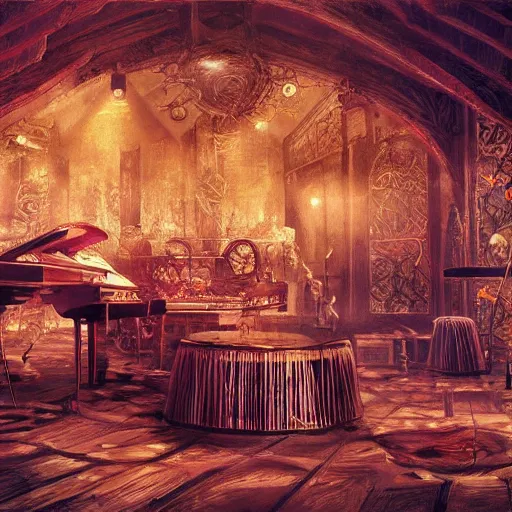 Prompt: fine concept art of a scene the visual themes in the music of Andreas Vollenweider, highly realistic and detailed, intricate, cinematic lighting