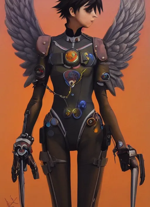 Image similar to full body artwork of tracer overwatch, wearing leather collar, in style of zdzisław beksinski, angel wings, dramatic painting, symmetrical composition, wearing detailed leather collar, black shiny armor, chains, black harness, detailed face and eyes,