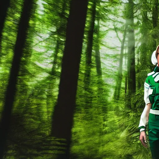 Image similar to a female space scout wearing a green uniform with white armor exploring a forest planet