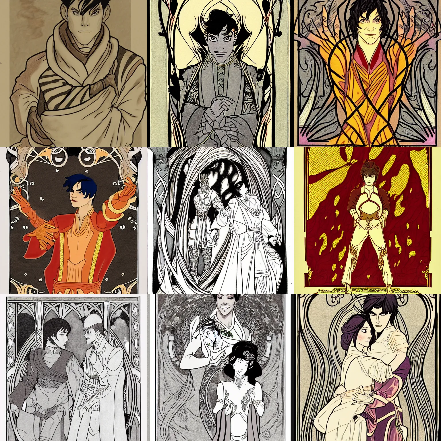 Prompt: art nouveau drawing of Prince Zuko fire ending