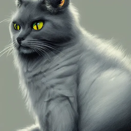 Image similar to a big dark angry powerful menacing grey cat with white belly, white paws and white face markings with long fur and fluffy tail sitting, intricate, elegant, highly detailed, digital painting, artstation, concept art, matte, sharp focus, illustration, art by Artgerm and Greg Rutkowski and Alphonse Mucha