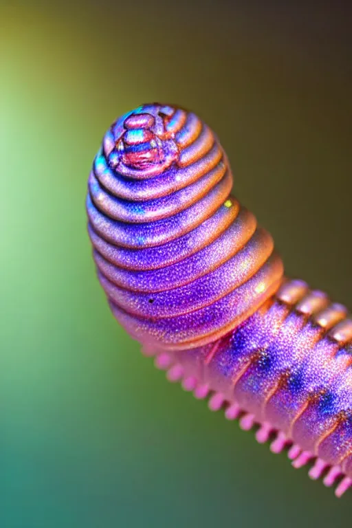 Image similar to high quality macro photo iridescent cyborg caterpillar! cute highly detailed david ligare elson peter cinematic pink lighting high quality low angle hd 8k sharp shallow depth of field