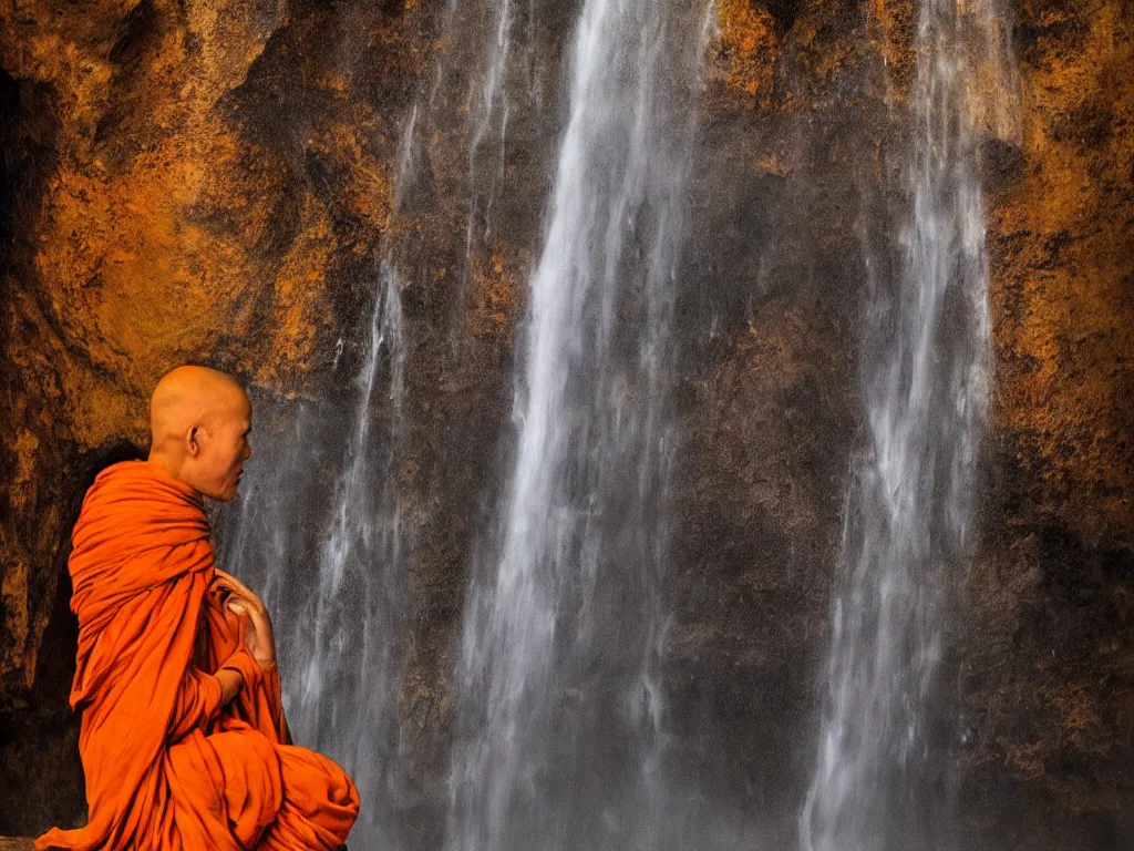 Image similar to dang ngo, annie leibovitz, steve mccurry, a simply breathtaking shot of mediating monk in orange, giantic waterfall, bright moonlight, golden ratio, wide shot, symmetrical