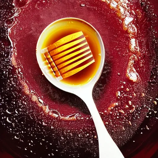 Image similar to honey splashing on crimson - black fork, hyper realistic, award winning slow - motion food photography