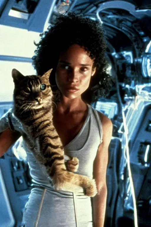 Image similar to Zoe Kravitz as Ellen Ripley with a cat in a spaceship in Alien (1979)