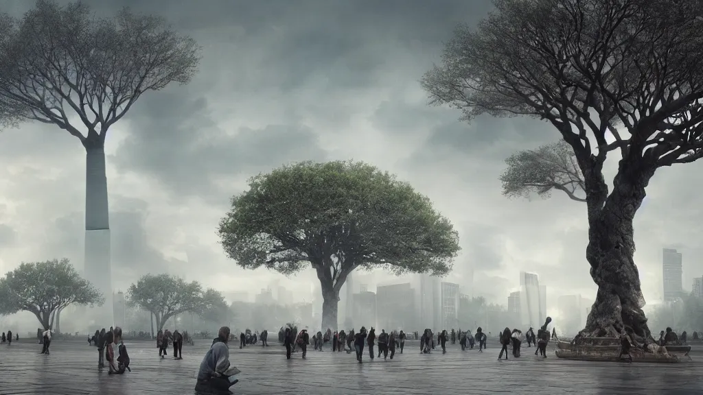 Image similar to the great elven tree growing in the middle of tiananmen square, beijing. andreas achenbach, artgerm, mikko lagerstedt, zack snyder, tokujin yoshioka