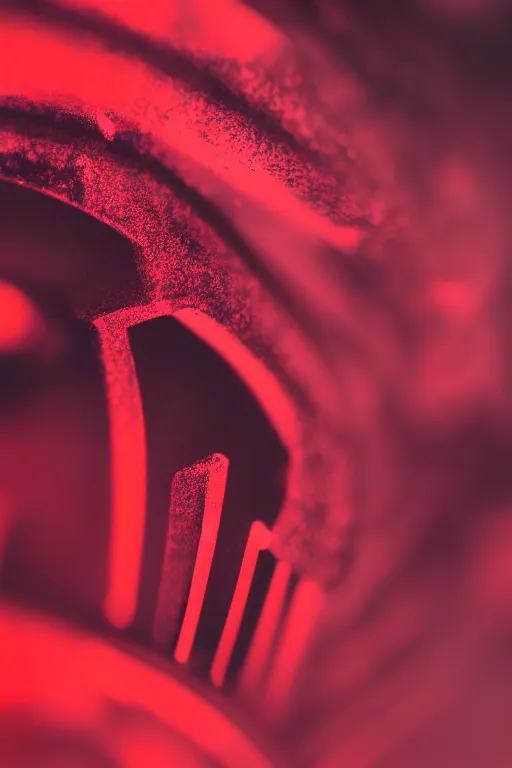 Image similar to closeup shot of a carbon black cyborg, macro shot, dof, cinematic, volumetric lighting, studio shot, red light, 4 k