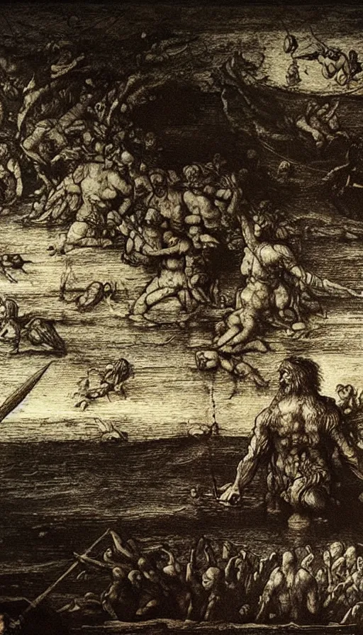 Image similar to man on boat crossing a body of water in hell with creatures in the water, sea of souls, by leonardo da vinci