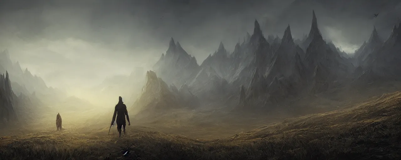 Image similar to a dark wizard as the subject of a landscape artwork where he is walking along an old path leading up to a mountain in the background, the sky is dark and gold, and the mood of this artwork is dull, very detailed concept art, matte painting, digital art, concept art, realistic beautiful, trending on artstation, greg rutkowski