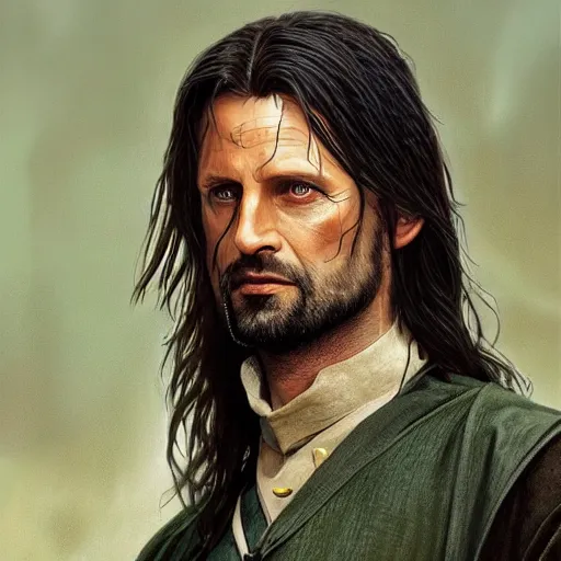 Image similar to [Aragorn in the movie Matrix as GTA character, closeup, D&D, intricate, elegant, highly detailed, digital painting, artstation, concept art, matte, sharp focus, illustration, art by Artgerm and Greg Rutkowski and Alphonse Mucha and Enki Bilal]