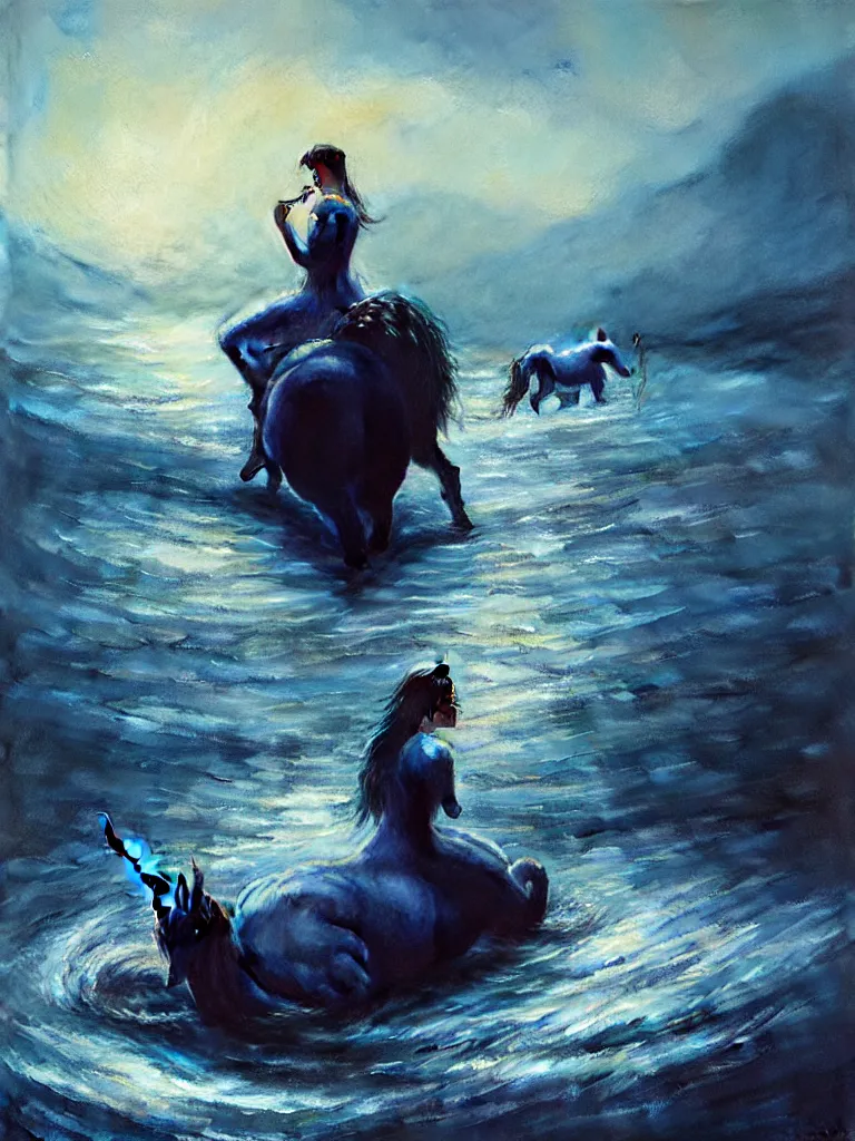 Prompt: a vintage photo of one sad female riding on the unicorn in the river, gloomy, strong subsurface scattering, cobalt blue floating in the river, art by greg rutkowski