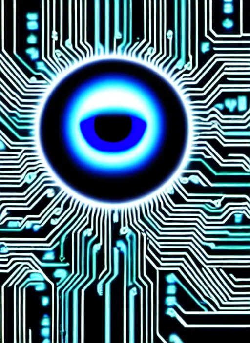 Image similar to a computer circuit board with a blue eye, a computer rendering by karl ballmer, pixabay contest winner, computer art, creative commons attribution, quantum wavetracing, future tech