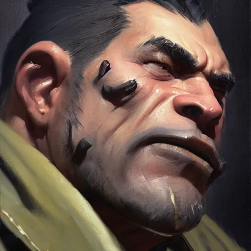 Image similar to greg manchess close - up portrait painting of a handsome older male dieselpunk orc with olive green skin as an overwatch character, medium shot, asymmetrical, profile picture, organic painting, sunny day, matte painting, bold shapes, hard edges, street art, trending on artstation, by huang guangjian and gil elvgren and sachin teng