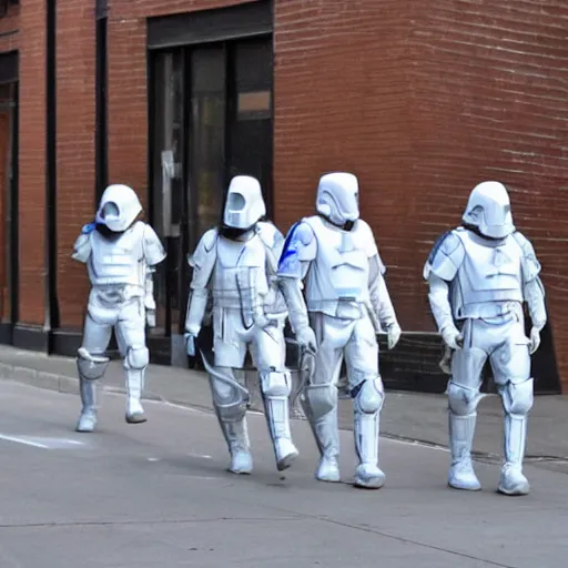 Prompt: dystopian peacekeepers wearing futuristic white armor patrolling the streets of new america