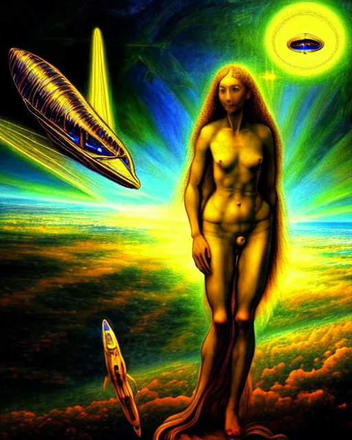 Image similar to an extremely detailed masterpiece painting of a beautiful pleiadian extraterrestrial female and spaceship technology in background, in the style of albrecht durer, digital art, epic scene, extremely moody lighting, glowing light and shadow, atmospheric, shadowy