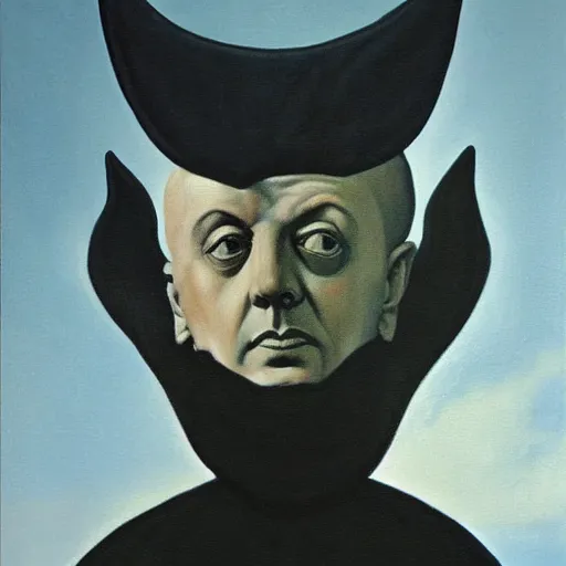 Image similar to Aleister Crowley with baphomet, by Raphael Hopper, and Rene Magritte. Highly detailed, romantic, enchanting, magical, trending on artstationHQ