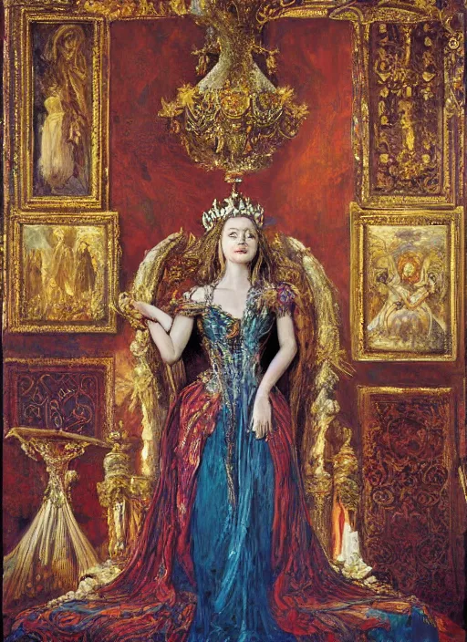 Image similar to oil painting of portait Queen of Ecstasy in a large throne room, Hungarian, Emilia Clarke by Yoshitaka Amano, by Georgia o Keeffe, by Gustave Moreau