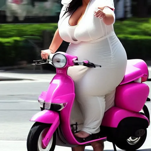 Image similar to a paparazzi photo of extremely obese Kim Kardashian riding a pink moped, her mouth is wide open, award winning