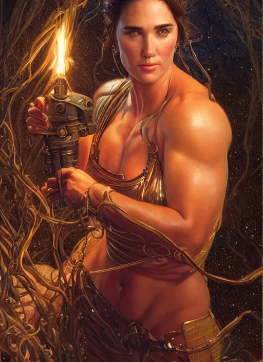 Prompt: portrait of a very muscled Jennifer Connelly as a heroine staring into the camera, torches and fireflies, artstation, intricate, elegant, highly detailed, art by Donato Giancola, Joseph Christian Leyendecker, WLOP, Boris Vallejo, Artgerm