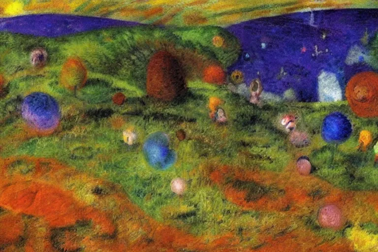 Image similar to an uncanny landscape from pikmin ( 2 0 0 1 ) painted by william james glackens