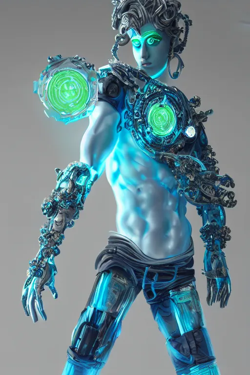 Prompt: full-body rococo and cyberpunk style translucent porcelain sculpture of a young handsome seductive Peruvian android prince reaching for his pocket, glowing blue laser eyes, crown of glass gears and diamonds, swirling green-colored silk fabric. futuristic elements. full-length view. intricate artwork by caravaggio. Trending on artstation, octane render, cinematic lighting from the right, hyper realism, octane render, 8k, depth of field, 3D