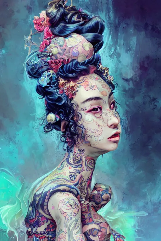 Prompt: an epic painting of a young girl, complete figure view, curly messy high bun hairstyle, oriental tattoos, subject wearing a harajuku style outfit, flowing, ornate, kawaii, beautiful, navy blue, coral red, mint, taupe, with few baby blue highlights, cinematic light, volumetric shading, by Greg Rutkowski and Jeremy Mann, trending on Artstation, 80mm lens, oil on canvas