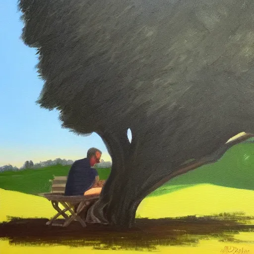 Image similar to painting of a peaceful man relaxing under a tree by David Normal, David Normal, acrylic art, calm, soothing, cosy, elegant, soft light,