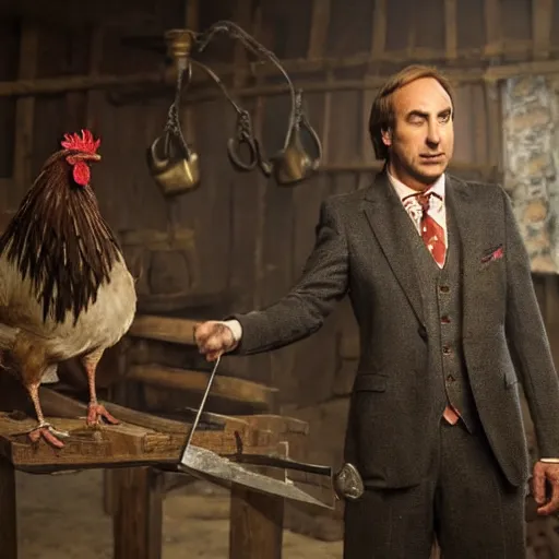 Prompt: saul goodman and a rooster in a medieval torture chamber, saw blades and knives in the background, horror movie, saul goodman, rooster!!!!!, real life photo, detailed face