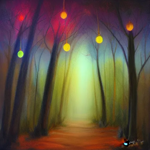 Prompt: forest at night with floating lights by Julie Bell