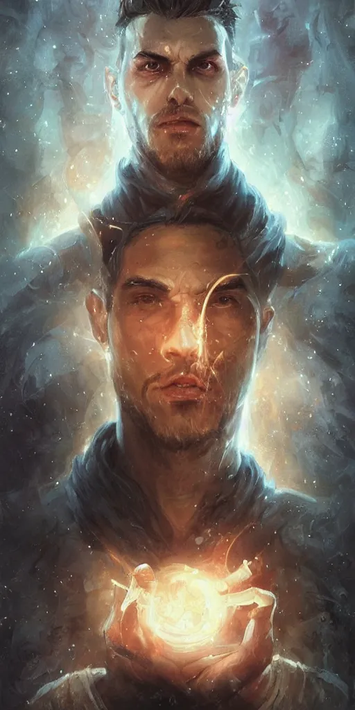 Prompt: 'a professional painting of a handsome young necromancer wizard casting an evil spell with a glowing spellbook, olive skin, buzzed short dark hair, beautiful bone structure, symmetrical facial features, intricate, elegant, digital painting, concept art, smooth, sharp focus, illustration, from Metal Gear, by Ruan Jia and Mandy Jurgens and Artgerm and William-Adolphe Bouguereau'